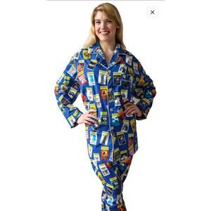 Playbill Blue Theatre Broadway Cotton Button Long Pajama Set S